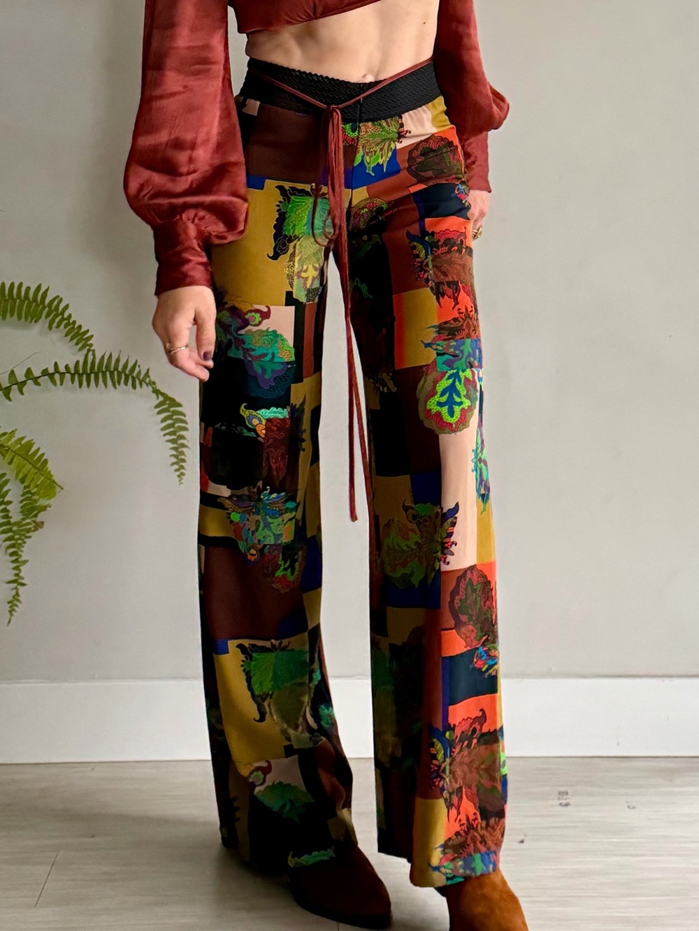 Save The Queen Patchwork Floral Wide-Leg Pants in Multi Colors